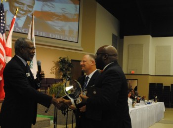 MLK Day-N-Clay Founder and Organizer Pastor William H. Randall (From Left to Right) presents the “Drum Major for Diversity Award” to Pastor Michael Clifford and Pastor H.B Charles Jr., of Shiloh Metropolitan Baptist Church of Orange Park during the Fourth Annual Dr. Martin Luther King Jr. Diversity Breakfast, Monday Jan. 19.